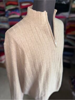 Geelong Lamb’s Wool Soft Ribbed Half-Zip Sweater in Light Beige, XXL